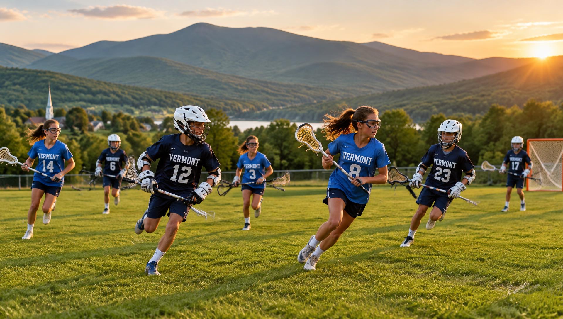 Youth lacrosse players on a field with Vermont mountains